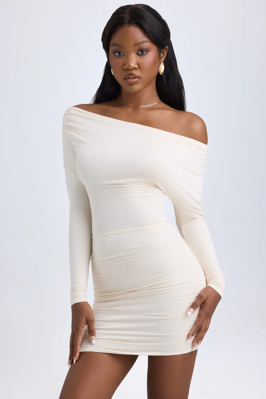 Modal Off-Shoulder Ruched Mini Dress in Ivory - Size:L